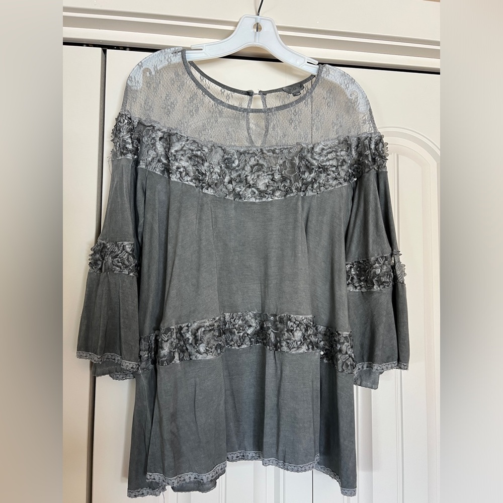 POL Gray Lace Trim Blouse